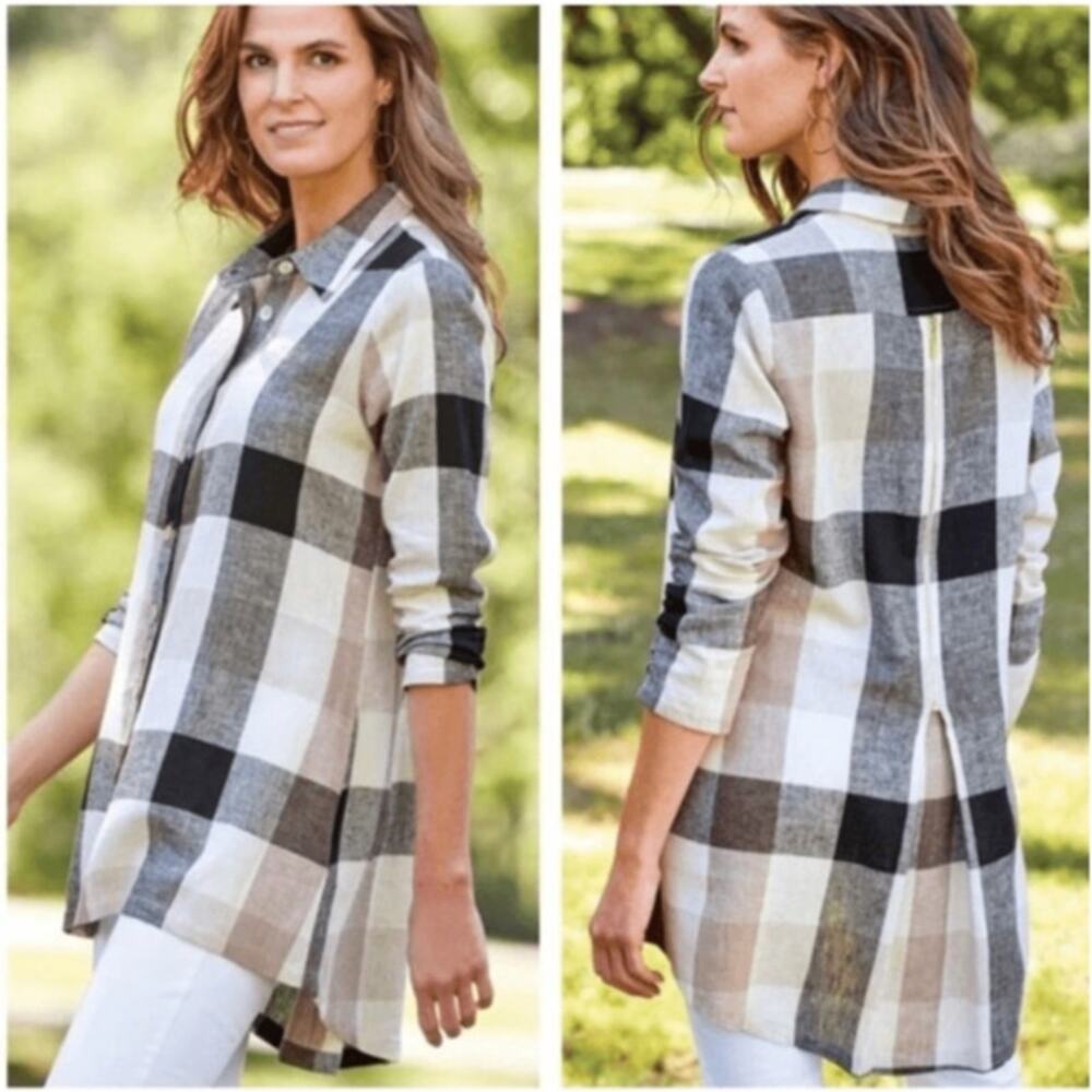 Soft Surroundings Women's sz L Carreaux Button Front Shirt Linen Blend
